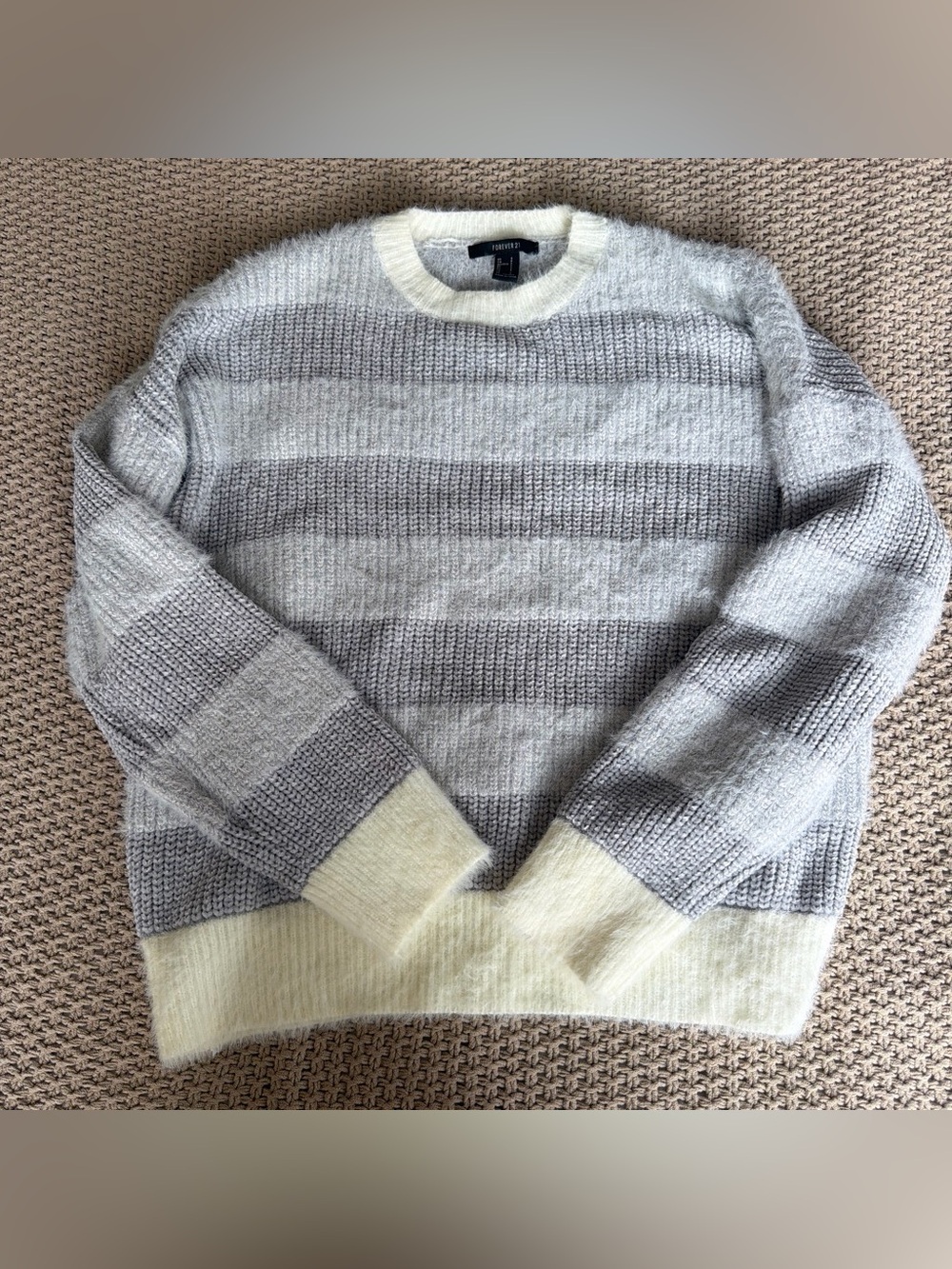 F21 Fuzzy Grey Striped Sweater